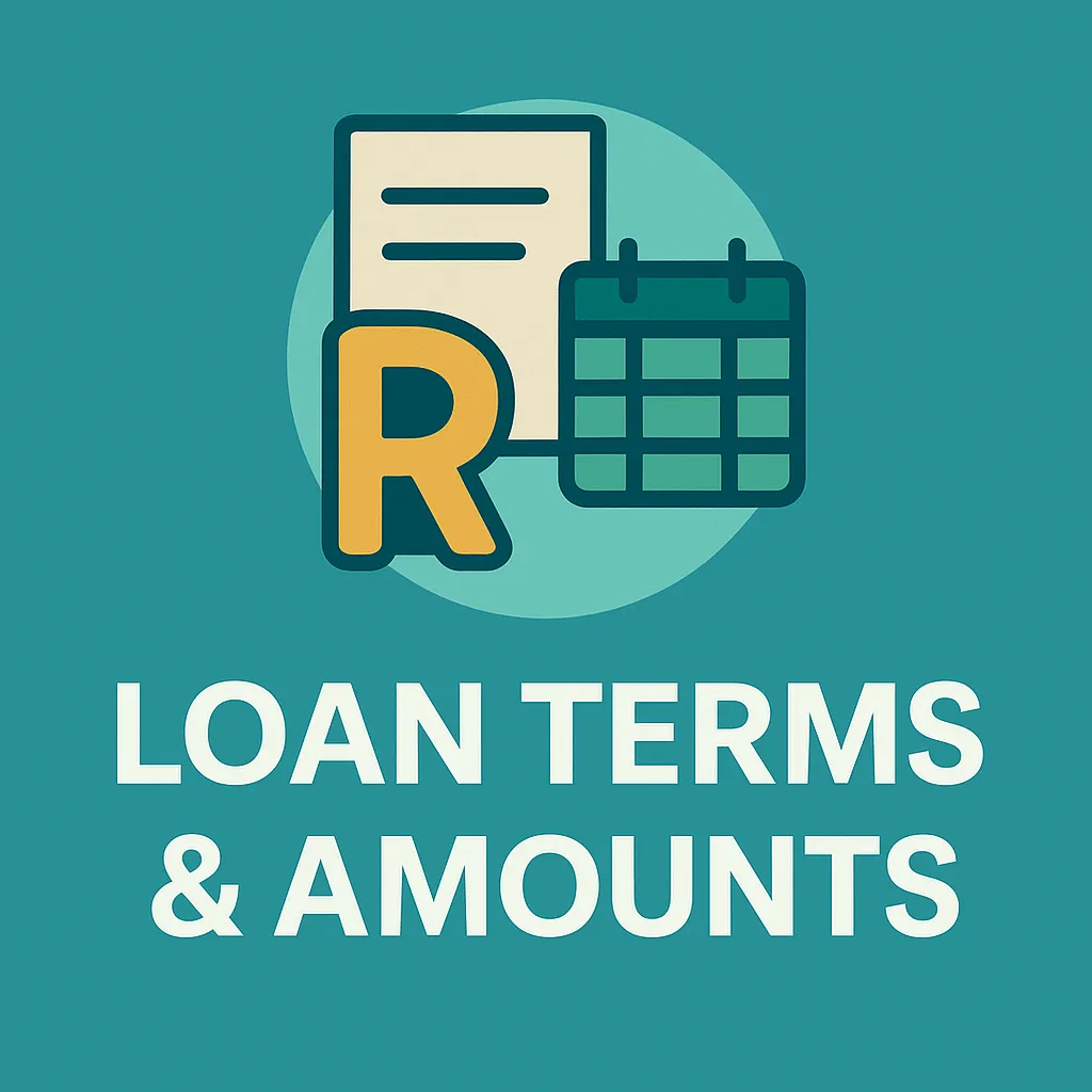 Loan terms and amounts icon with document, rand symbol and calendar